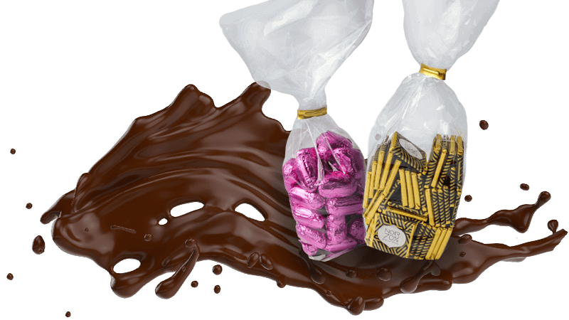 vague de chocolat avec sachets de pralines Pfister